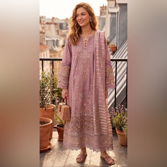 pakistani Dresses & Skirts - Batik Pakistani Designer Kurta & Dupatta Set | Embroidered Mauve Purple | Size M